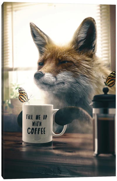 Fox With Coffee Canvas Art Print - Adam Cousins