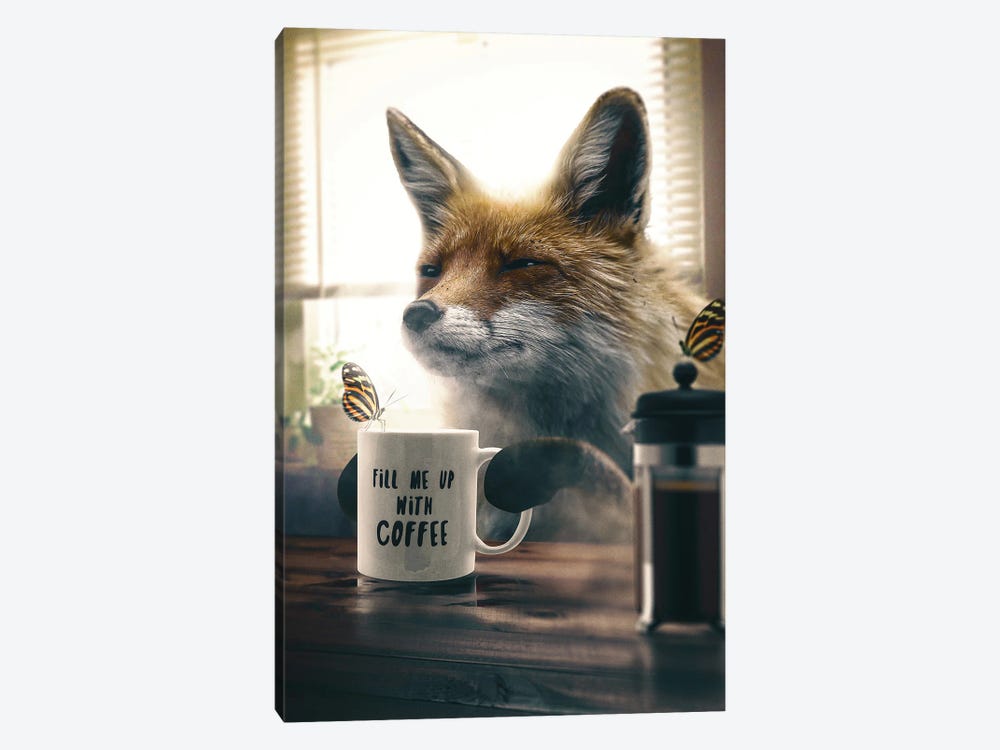 Fox With Coffee by Adam Cousins 1-piece Canvas Wall Art