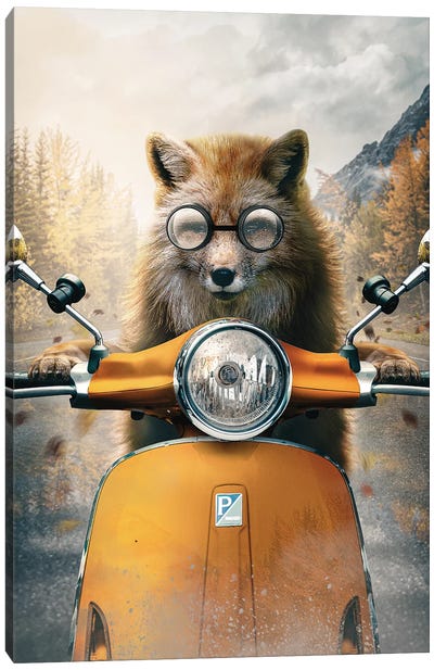 Fox With Moped Canvas Art Print - Adam Cousins