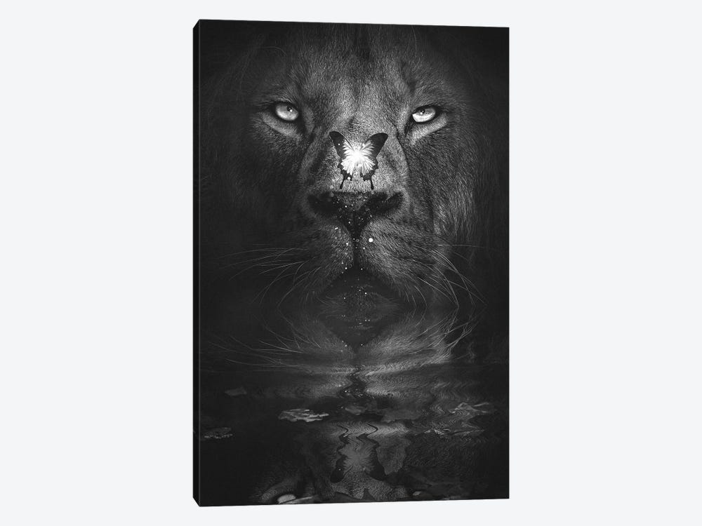 Lion And Butterfly Black And White by Adam Cousins 1-piece Art Print