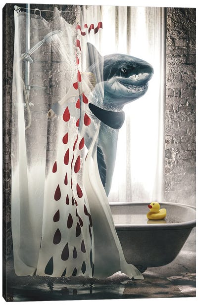 Shark In The Shower Canvas Art Print - Shark Art