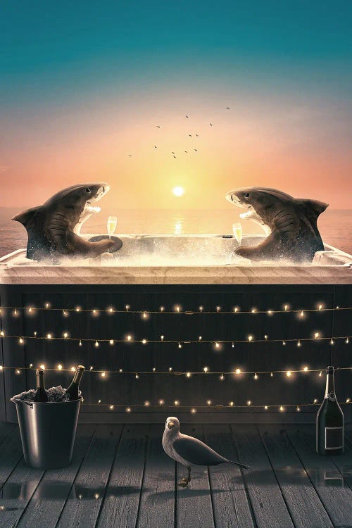 Sharks In Hot Tub by Adam Cousins wall art