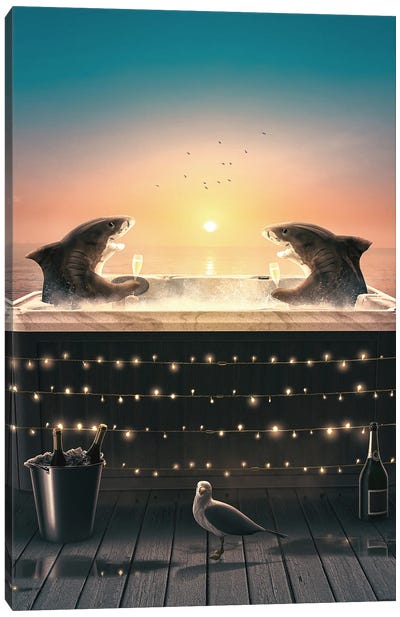 Sharks In Hot Tub Canvas Art Print - Adam Cousins