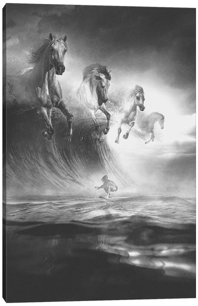 White Horses (Black And White) Canvas Art Print - Surfing Art