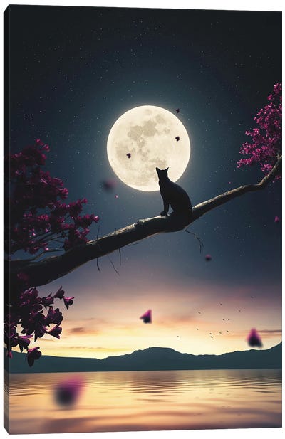 Black Cat And Moon 3D Canvas Art Print - Adam Cousins