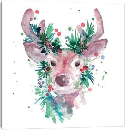 Evergreen Reindeer Canvas Art Print - Christmas Animal Art