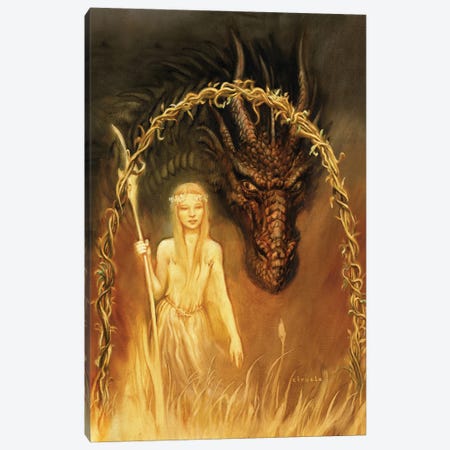 Golden Fairy Warrior And Her Dragon Canvas Print #CIL104} by Ciruelo Canvas Art