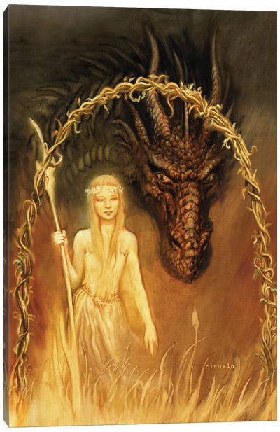 Golden Fairy Warrior And Her Dragon Canvas Art Print - Ciruelo