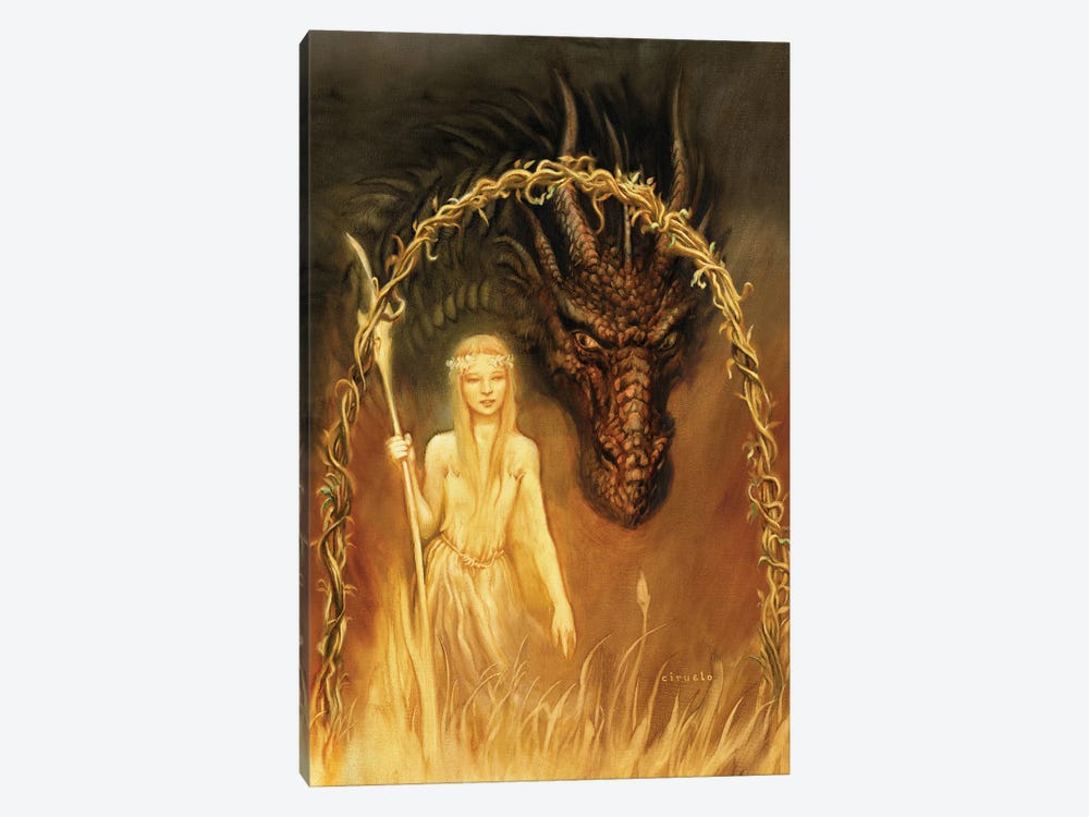 Golden Fairy Warrior And Her Dragon by Ciruelo 1-piece Canvas Art