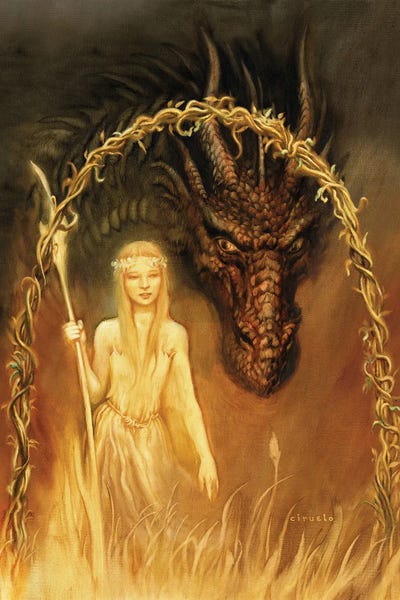 Ciruelo: Golden Fairy Warrior And Her Dragon by Ciruelo