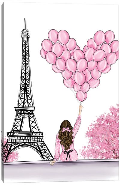Girl In Pink Holding Balloons Next To Eiffel Tower Canvas Art Print - Balloons