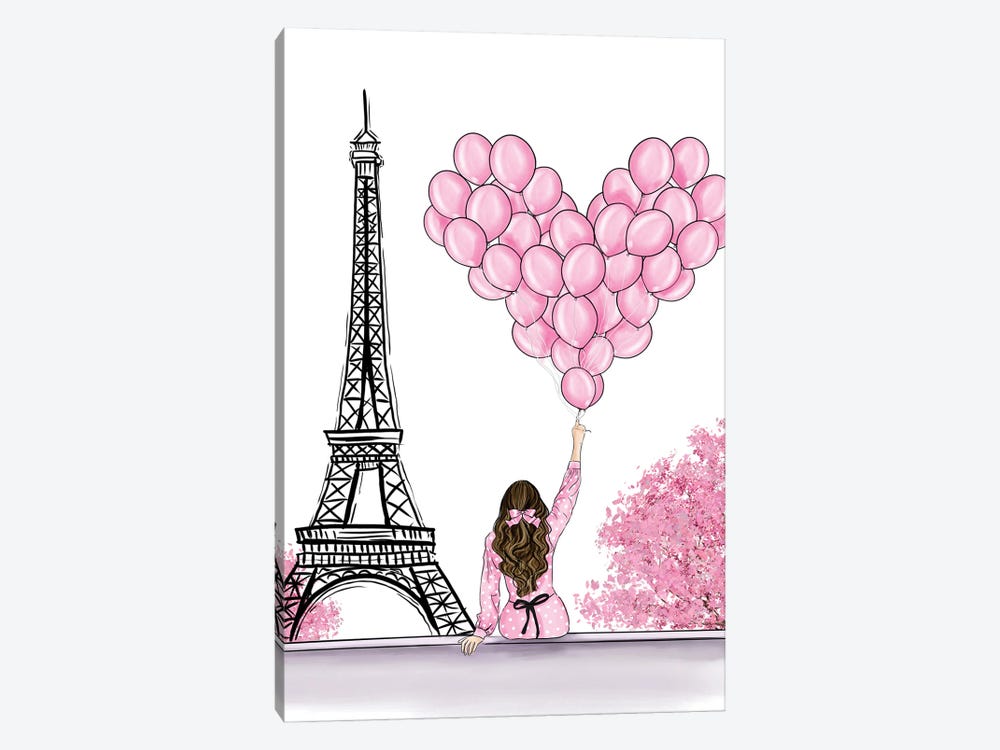 Girl In Pink Holding Balloons Next To Eiffel Tower by Criss Rosu 1-piece Canvas Artwork