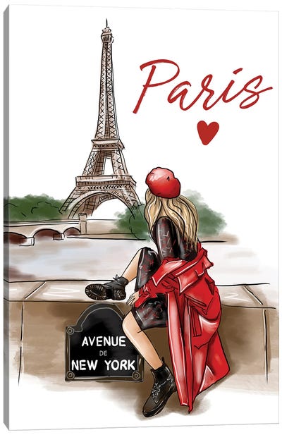 Girl In A Red Coat In Paris Canvas Art Print - Paris Typography