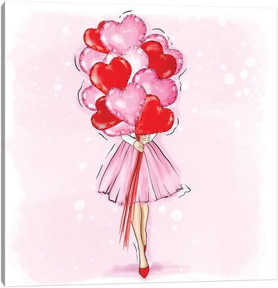 Fashion Girl With Red And Pink Ballons Canvas Art Print - Criss Rosu