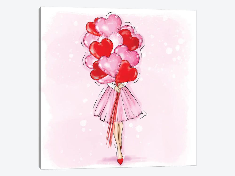 Fashion Girl With Red And Pink Ballons by Criss Rosu 1-piece Canvas Print