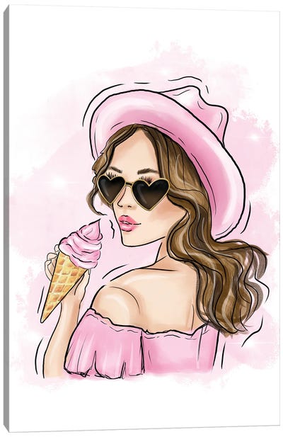 Pink Summer Girl Canvas Art Print - Ice Cream & Popsicle Art
