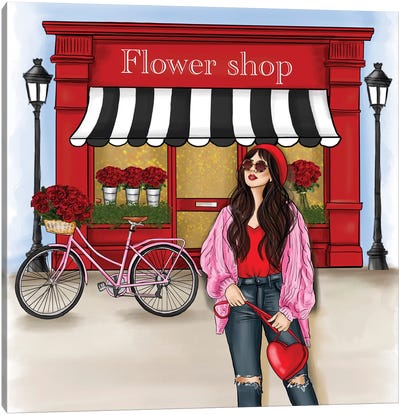Fashion Girl In Front Of A Red Shop Canvas Art Print - Criss Rosu