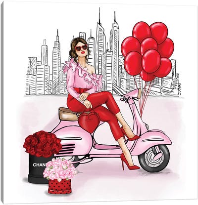 Fancy Girl On A Vespa In New York Canvas Art Print - Scooters