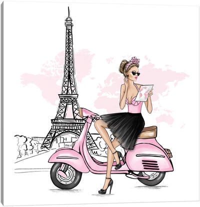 Travel Girl On A Vespa In Paris Canvas Art Print - Scooters