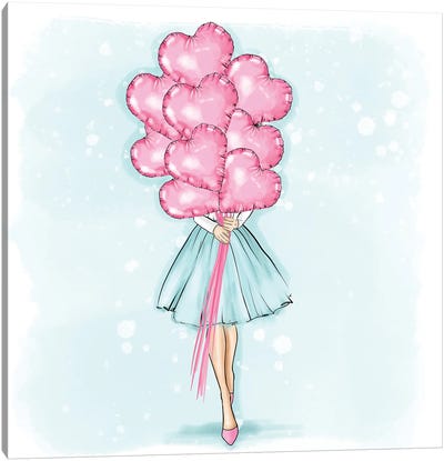 Girl In A Mint Dress Holding Pink Ballons Canvas Art Print - Criss Rosu