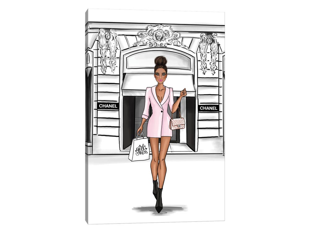 Framed Canvas Art (Champagne) - Fancy Girl Shopping by Criss Rosu ( Hobbies & lifestyles > Shopping art) - 26x18 in