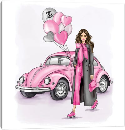 Pink Car And A Lovely Girl Holding Ballons Canvas Art Print - Women's Coat & Jacket Art