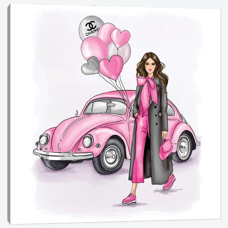 Pink Car And A Lovely Girl Holding Ballons Canvas Print #CIO34} by Criss Rosu Canvas Wall Art
