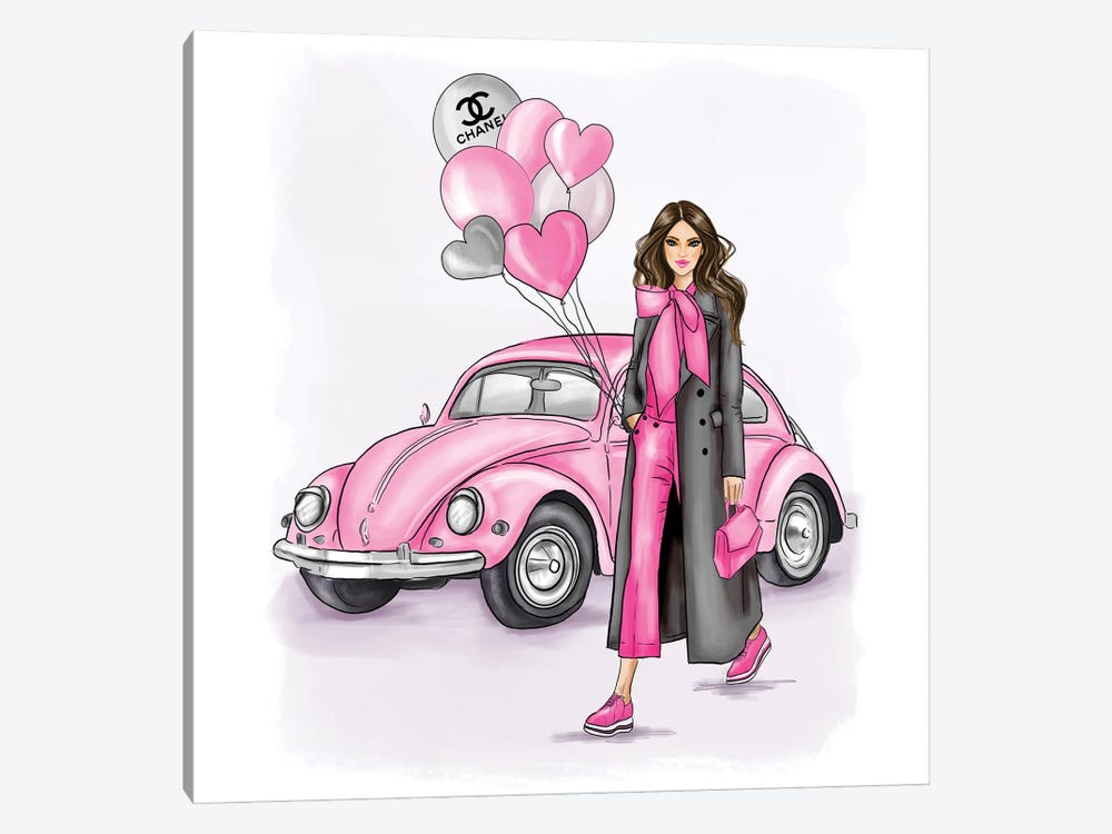Pink Car And A Lovely Girl Holding Ballons by Criss Rosu 1-piece Canvas Print