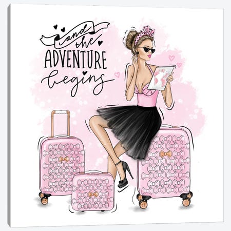 Travel Girl With Pink Suitcases Canvas Print #CIO7} by Criss Rosu Canvas Artwork