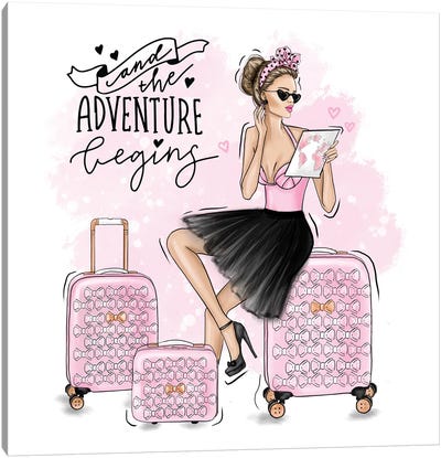 Travel Girl With Pink Suitcases Canvas Art Print - Adventure Art