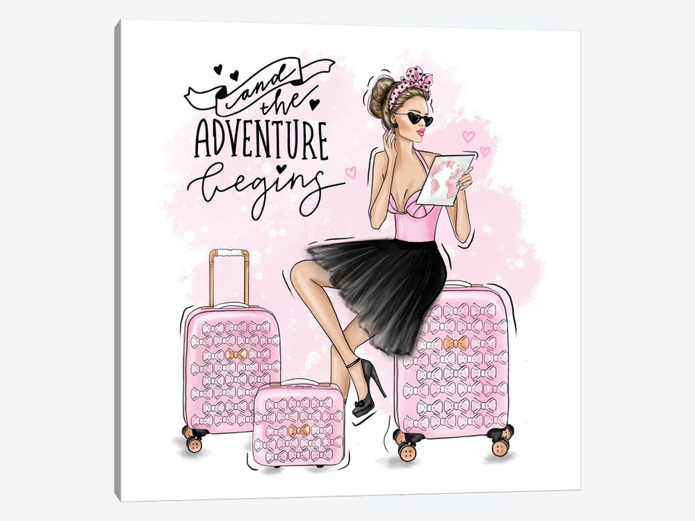 Travel Girl With Pink Suitcases by Criss Rosu 1-piece Art Print