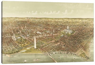 The City of Washington: Bird’s-Eye View from the Potomac looking North, 1892  Canvas Art Print - Currier & Ives
