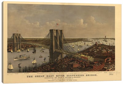Brooklyn Bridge, Bird's Eye View, 1885 Canvas Art Print - Currier & Ives