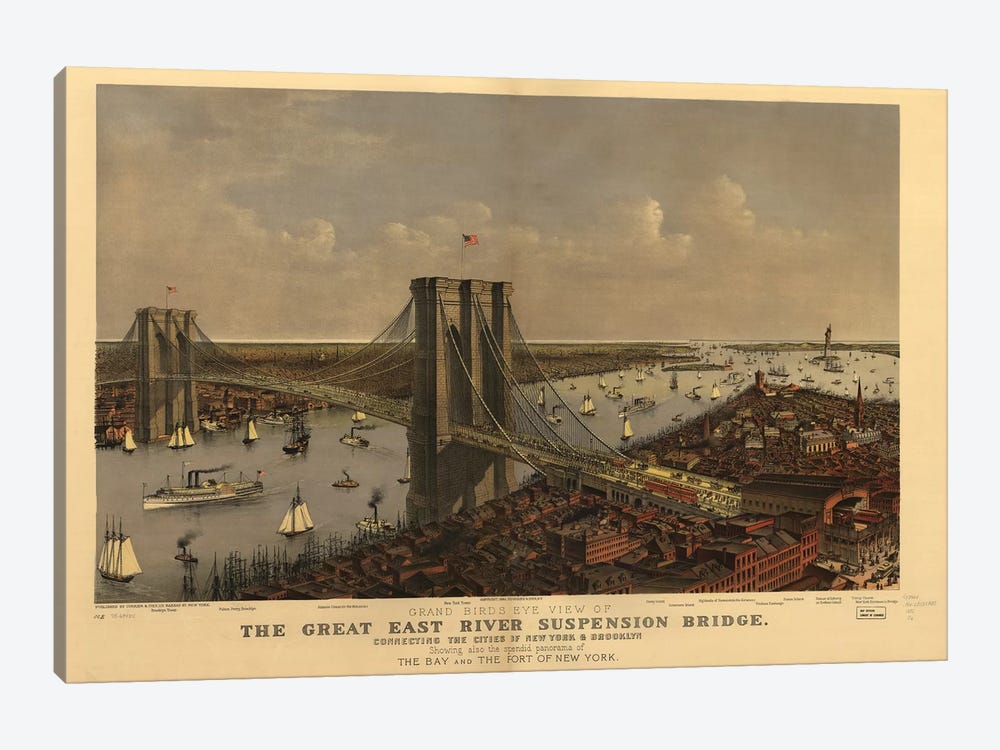 Brooklyn Bridge, Bird's Eye View, 1885 by Currier & Ives 1-piece Canvas Print