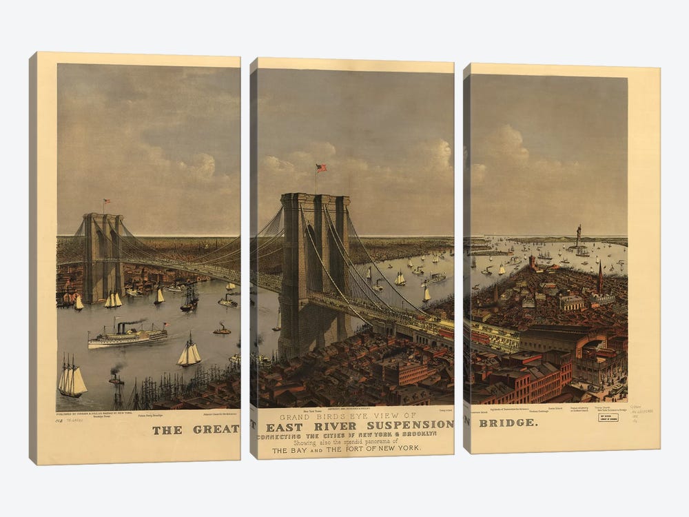 Brooklyn Bridge, Bird's Eye View, 1885 by Currier & Ives 3-piece Art Print