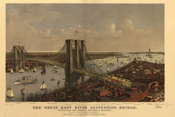 Brooklyn: Brooklyn Bridge, Bird's Eye View, 1885 by Currier & Ives