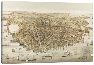 The City of San Francisco - Bird’s Eye view from the Bay, looking southwest, 1878  Canvas Art Print - Currier & Ives