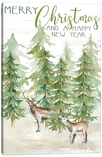 Merry Christmas & Happy New Year Deer Canvas Art Print - Reindeer Art