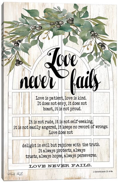 Berry Swag Love Never Fails Canvas Art Print - Love Typography