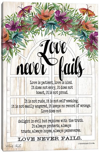 Floral Love Never Fails Canvas Art Print - Bible Verse Art