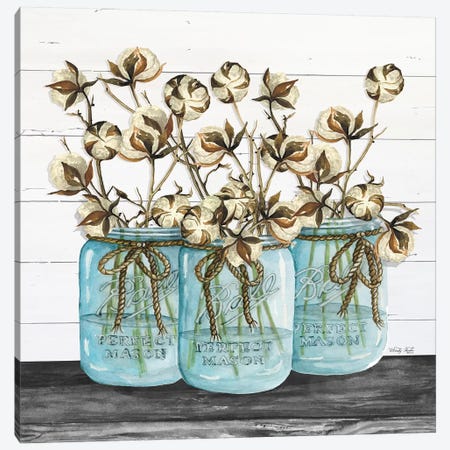 Blue Jars - Cotton Stems Canvas Print #CJA20} by Cindy Jacobs Canvas Art