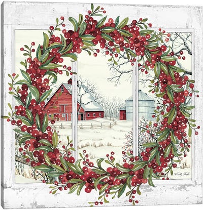 Winter Barn Window View I Canvas Art Print - Christmas Trees & Wreath Art