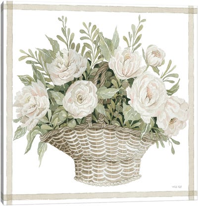 Basket Of Peonies Canvas Art Print - Farmhouse Kitchen Art
