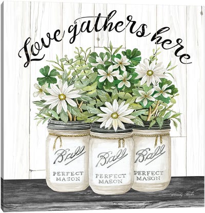 White Jars - Love Gathers Here Canvas Art Print - Motivational Typography