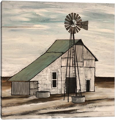 Barn On Barren Land Canvas Art Print - Watermill & Windmill Art