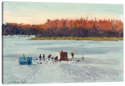 Ice Fishing Sunset Canvas Art Print - Ernest Chiriacka