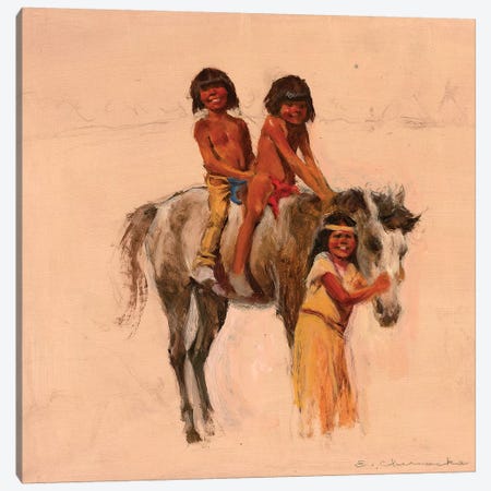 Native American Children With Pony Canvas Print #CKA35} by Ernest Chiriacka Art Print