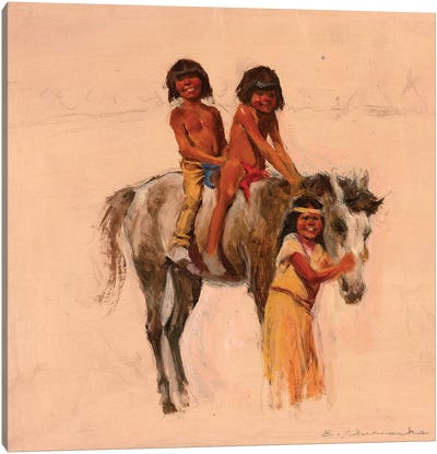 Native American Children With Pony Canvas Art Print - Child Portrait Art