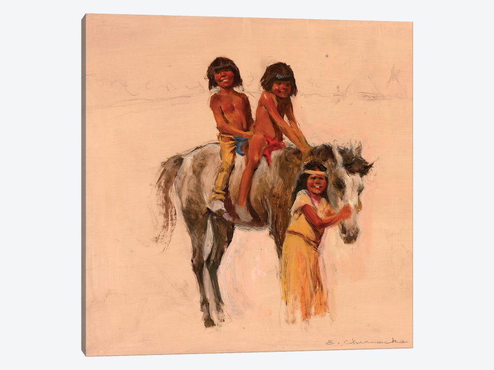 Native American Children With Pony by Ernest Chiriacka 1-piece Canvas Print