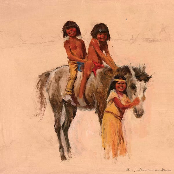 Horseback: Native American Children With Pony by Ernest Chiriacka